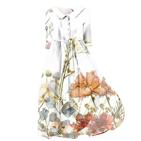 Women's Clearance Floral Boho 3/4 Sleeve Spring Elegant Casual Drawstring Fashion Summer Tea Length A Line Dress Lapel V Neck Button Flowy Fall Dress Workout Beige XL