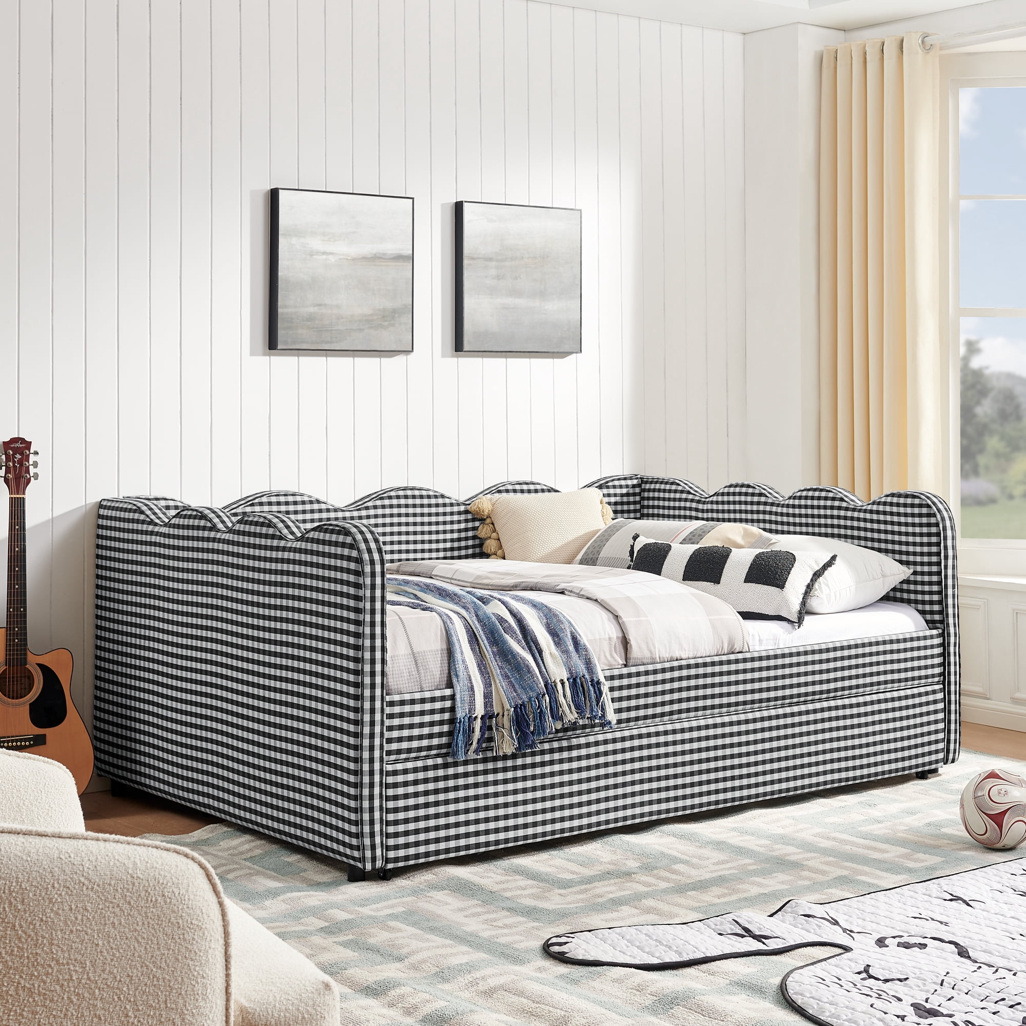 T-Serenity Gingham Daybed with Adjustable Trundle & USB Port, Wave-Shaped Full Size Sofa Bed, No Box Spring Needed, Black
