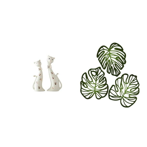 Figura de gato,Esculturas de gatos de pareja,figura decorativa de gato,Placa de pared con hojas de palma,Decoración de pared de madera con hojas de palma,Adorno de madera para pared con