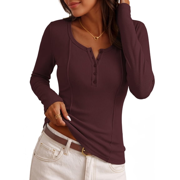 MEROKEETY Womens Fall Long Sleeve Henley T Shirts Burgundy M