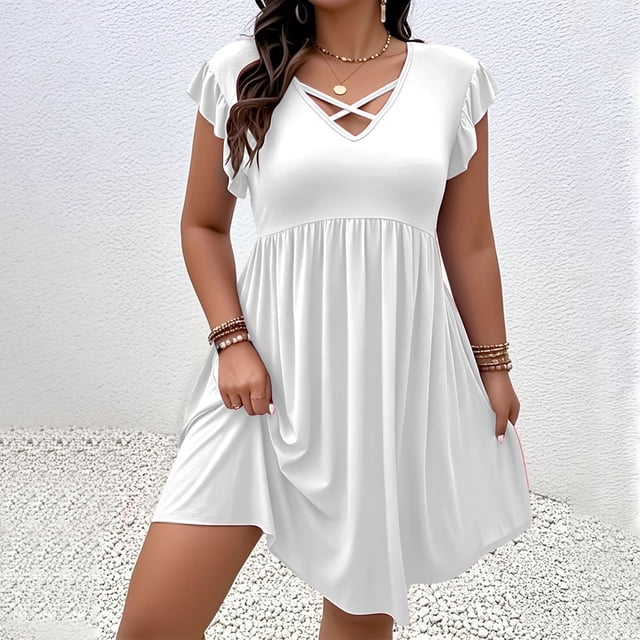 XiYing Robes pour Femmes, Robe Élégante pour Femmes Grande Taille à Col en V, Manches à Volants, Longueur Genou, avec Design Amincissant à la Taille pour Occasions de Printemps-Été, Coupe Douce et Fluide (Taille Us 14W-26W,