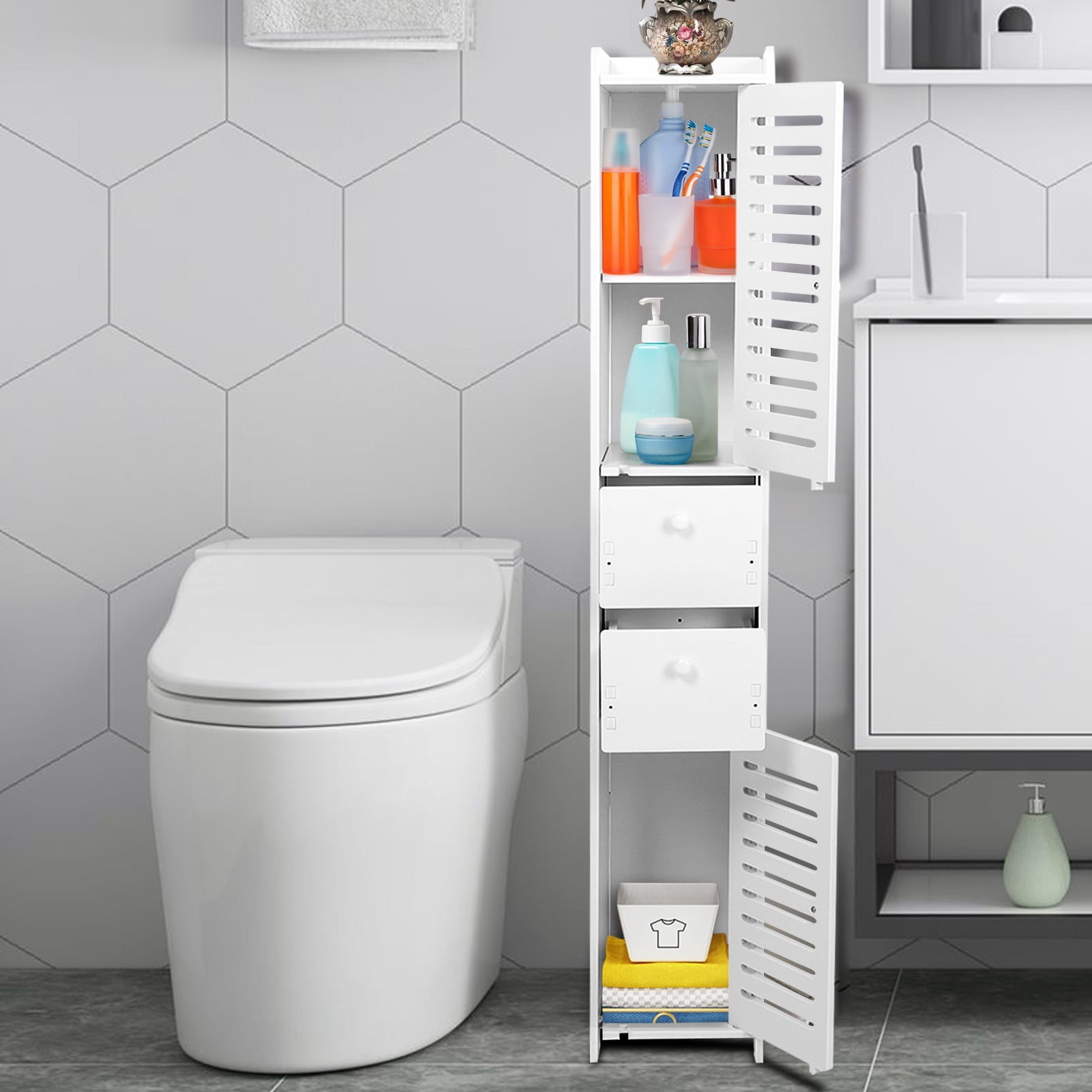 Bathroom Storage Corner Floor Cabinet with Doors and Drawers,Thin Toilet Vanity Cabinet,Narrow Bath Sink Organizer,Towel Storage Shelf for Paper Holder,White