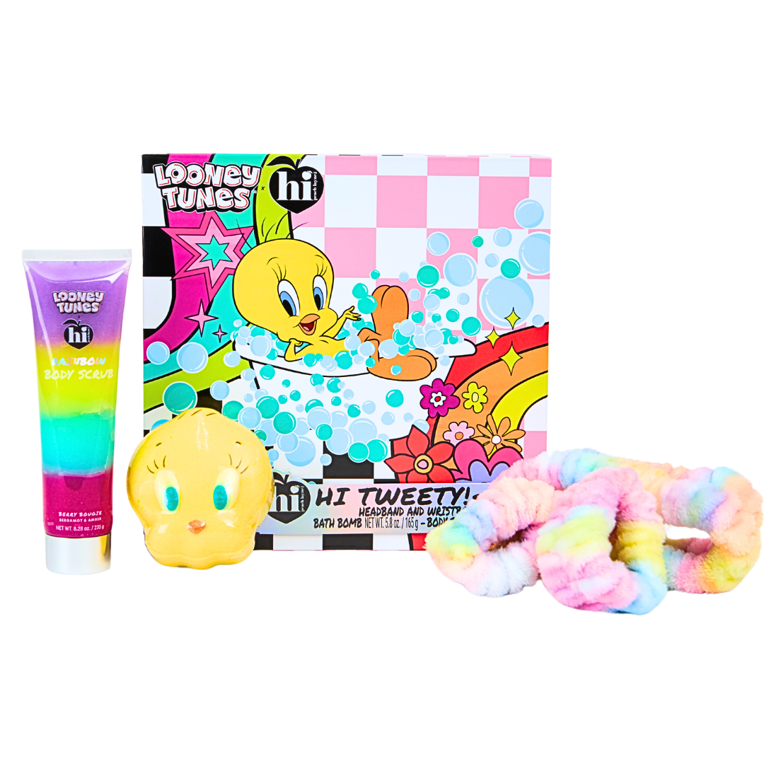 Hi Peach Layne X Looney Tunes Hi Tweety Spa Giftset with Bath Bomb 5.8oz, Body Scrub 8.28oz, Spa Headband & Wristband