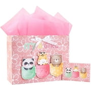 Baby Girl Gift Bag Pink Animal Design with Tissue Paper and Greeting Card for Baby Shower, New Parents, and More - 13" x 10" x 5", 1 Pcs