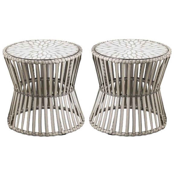 Home Square Round Wicker Outdoor Side Table in Gray - Set of 2