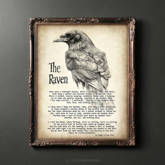 Edgar Allan Poe Raven Wall Art Print, Gothic Literary Decor