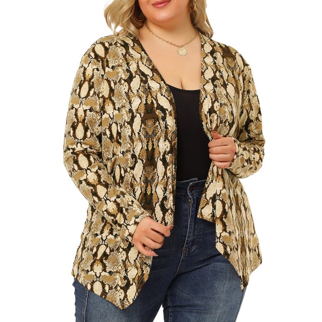 Women's Plus Size Leopard Print Asymmetric Open Front Fashion Cardigan Beige Snake Print 2X