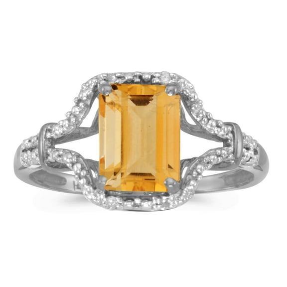 14k White Gold Emerald-cut Citrine And Diamond Ring