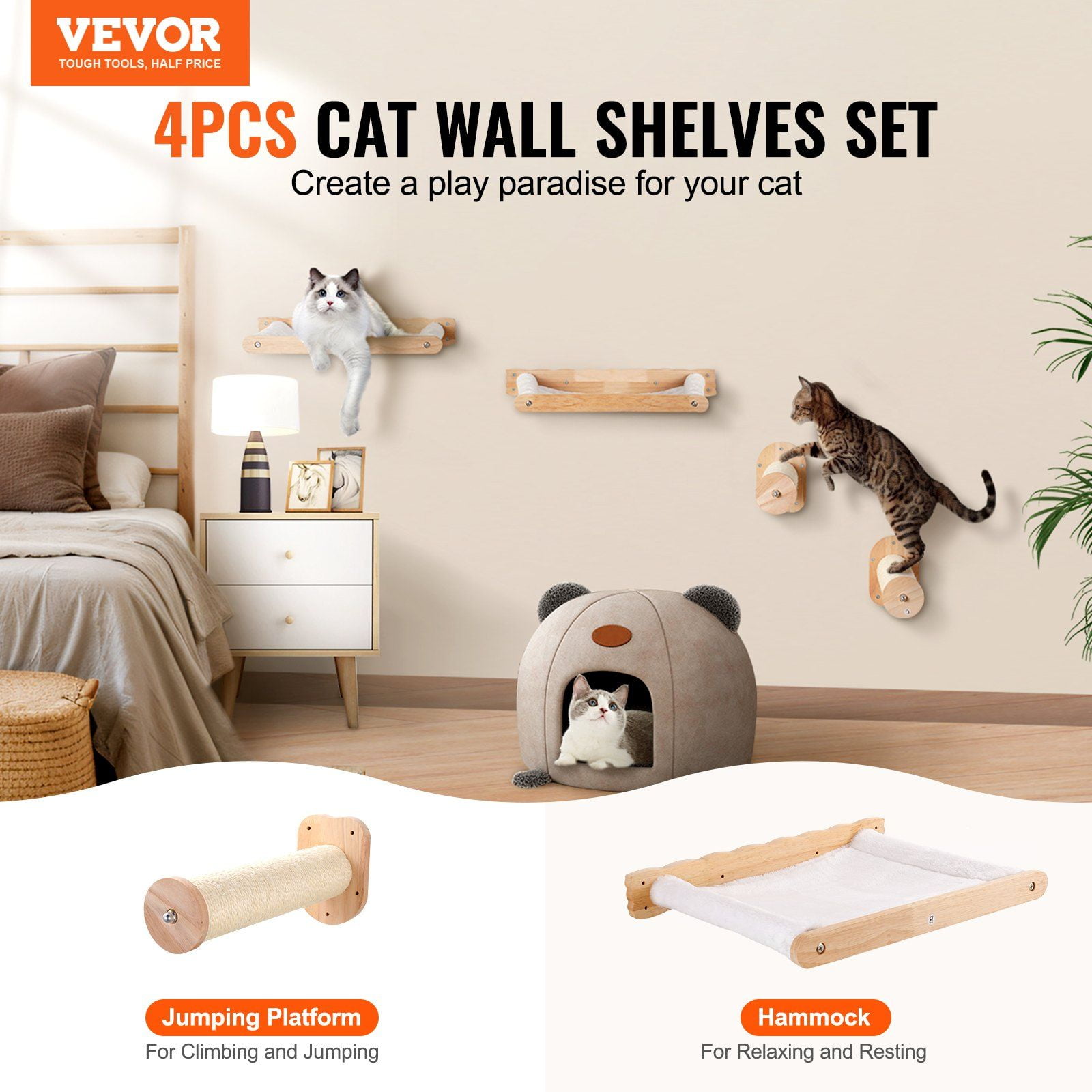 Wall-Mounted Cat Shelves Set - 2 Jumping Posts & 2 Hammocks, Supports 40 lbs, Space-Saving Perch for Cats