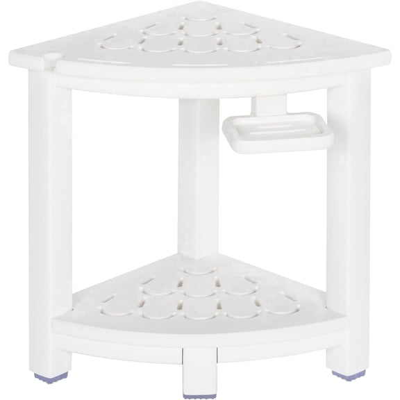 NALONE Corner Shower Stool, HDPE Shower Bench for Inside Shower, Small Shower Chair Seat for Shaving Legs with Storage Shelf, Soap Box and Adjustable Feet (White)