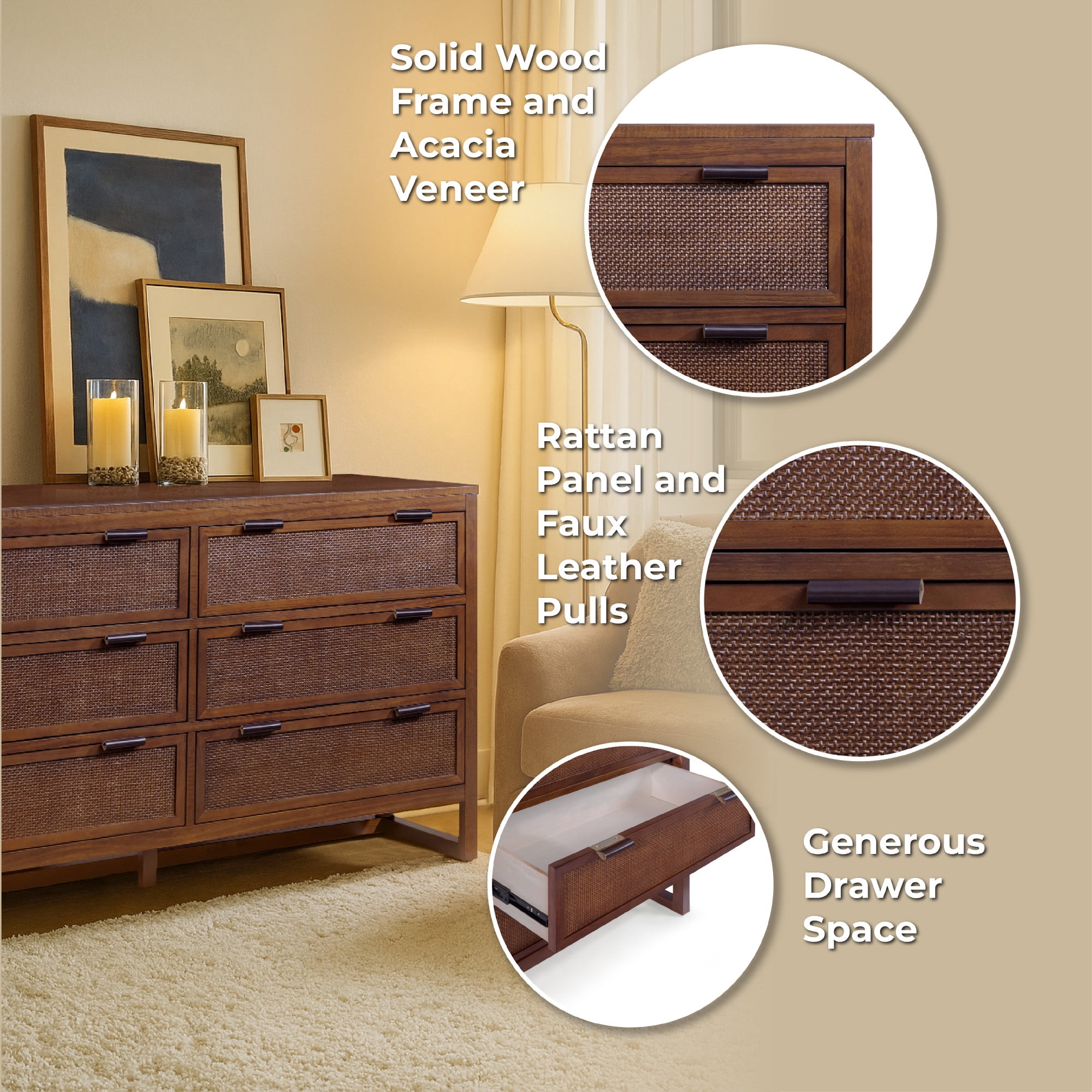 Teamson Home Hatteras Modern 6-Drawer Dresser with Natural Rattan Inset Panels, Solid Pine Wood Frame and Acacia Veneer