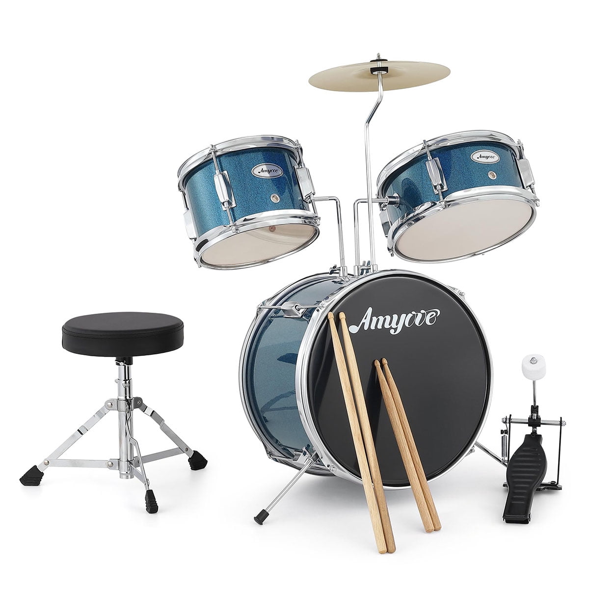 Danolapsi 3 Piece Kids Drum Set with Cymbal, 2 Drumsticks, Pedal, 2 Tom,Beginner Junior Drum Kit with Throne Stool, Musical Instruments for Boys and Girls