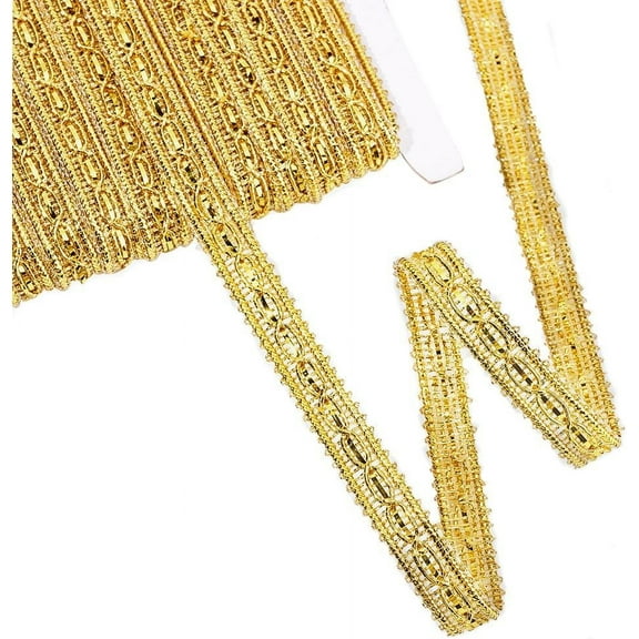 20 Yards Metallic Braid Trim with 8-Shape Pattern Gold Sequins Lace Ribbon 3/8 Decorated Trim for Christmas Holiday Decoration Wedding DIY Clothes Accessories Jewelry Crafts Sewing Gold