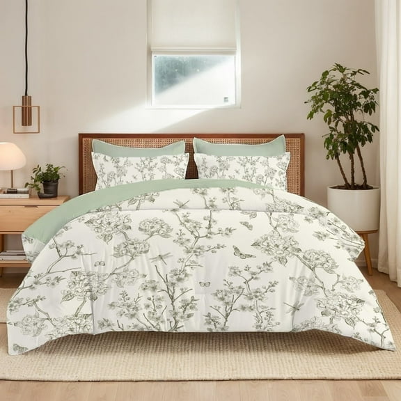 Floral Queen Comforter Set 3 Pieces Green Flower with Butterfly Bedding Set Soft Reversible Comforter Set