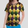 thumbnail image 4 of Mardi Gras Scrub Tops for Women Carnival V Neck Mask Print Scrubs Sequins Sparkly Short Sleeve Gold Uniform with Pockets Yellow M, 4 of 4