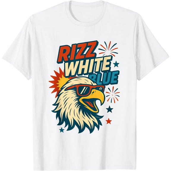 Rizz White Blue Patriotic Eagle 4th Of July Men Boys T-Shirt , White