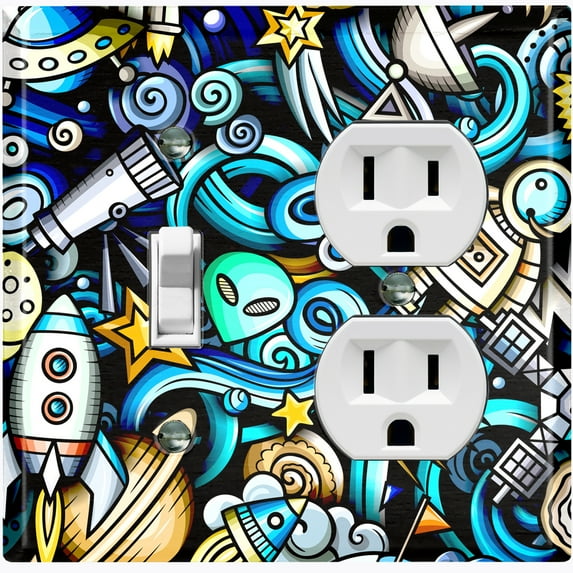 Metal Light Switch Wall Plate Outlet Cover (Spaceship UFO Astronaut Rocket Outerspace Star Alein Teal- Single Toggle Single Duplex)