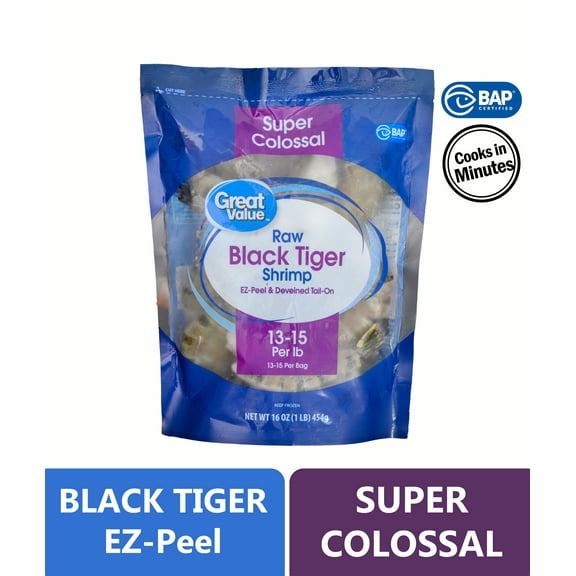 Great Value Black Tiger Easy Peel Shrimp, Frozen, 1 lb