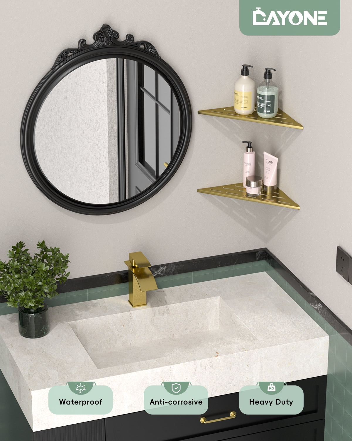 DAYONE Corner Shower Shelf Gold 2 Pack 10", Bathroom Corner Shower Organizer Shelf for Tiled Wall, SUS304 Stainless Steel Recessed Organizer Shelves
