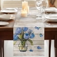 thumbnail image 3 of Blue Tulip Table Runner, Vintage Spring Floral Retro Art Butterfly Wooden Washable Cotton Linen Table Runners 36 Inches Long, Dresser Scarf Runner for Nightstand/End Tables/Round Tables 13''x36'', 3 of 9