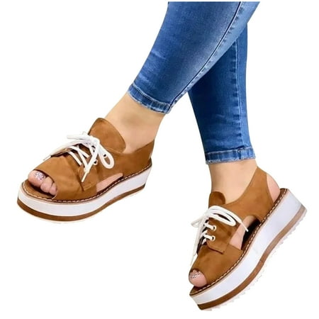 

Open Toe Sandals for Women Flatform Shoes Summer Fish Mouth Casual Lace Up Sandals