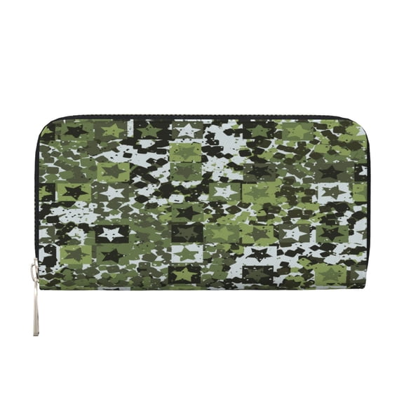 Leather Zipper Pocket Hand Wallet For Women And Men Travel Leather Purse Large Capacity Credit Card Holder 5 Pointed Stars Camouflage