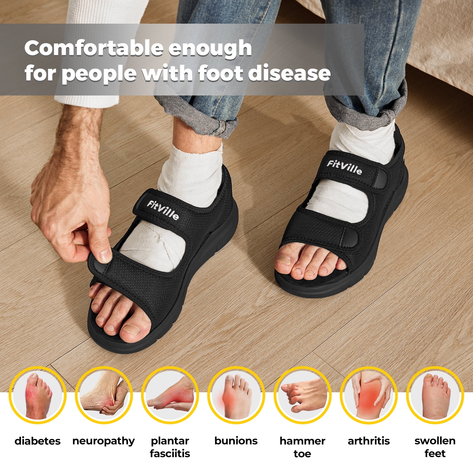 FitVille Adjustable Diabetic Sandals for Men Wide Width Sandals with Arch Support, Black, 10.5 Wide