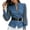 Blue, variant on Women's Denim Patchwork Blouse Elegant, Stand Collar V Neck Lace Long Sleeve Sheer Mesh Top, Belted Waist Wrap Peplum Shirt for Work