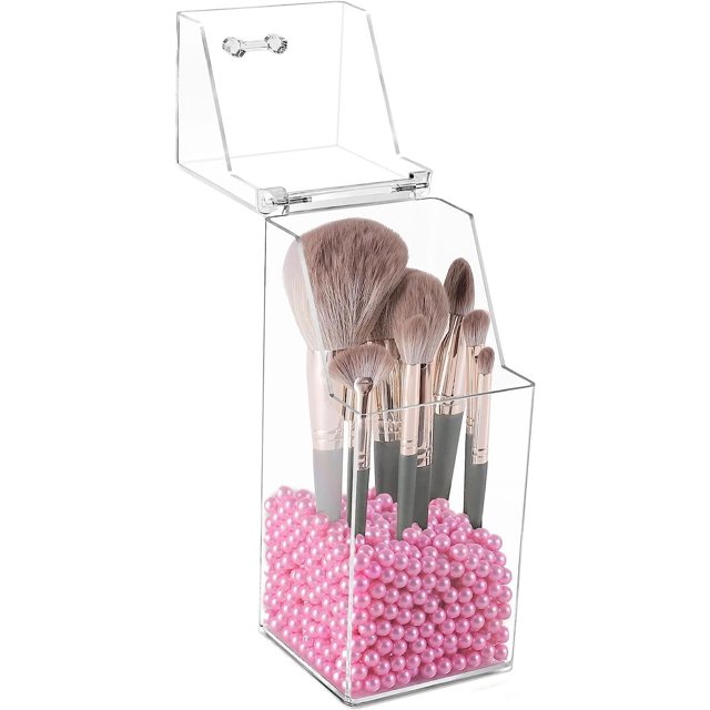 Porta brochas de maquillaje, organizador de brochas de maquillaje, perla rosa de 8 mm, porta brochas de maquillaje a prueba de polvo con tapa