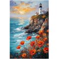 thumbnail image 1 of Impresión en lienzo de paisaje de una cabaña rural, pintura al óleo de mar y naturaleza, cartel de flores naturales, ideal para salas y dormitorios rurales, 1 of 5