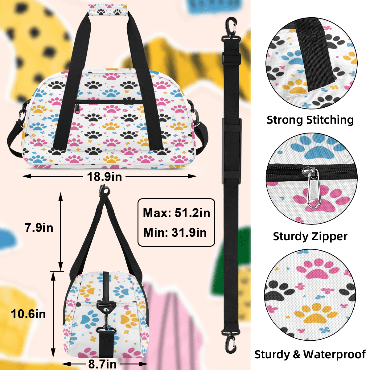 Herdesigns Paw Print Sports Duffle Bag for Women & Men, Gym Bag Dance Bag Overnight Bag Carry On Weekender Travel Bag