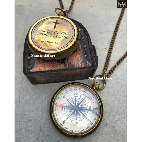 God is with You Wherever You Go Engraved Compass with Authentic Leather Case Brass Compass Directional Compass, Baptism Gifts for Boys & Girls, First Communion