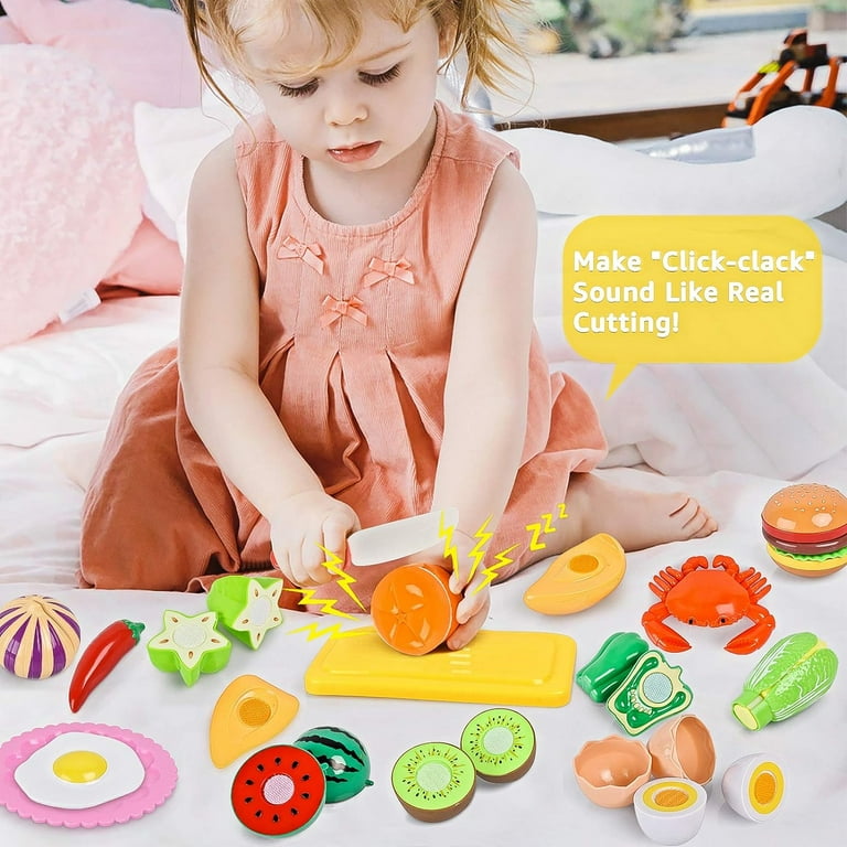 Peainbox 70pcs Pretend Play Food Sets for Kids Kitchen Toys Accessories Set BPA Free Plastic Pizza Toy Food Fruits and Vegetables Dishes Playset