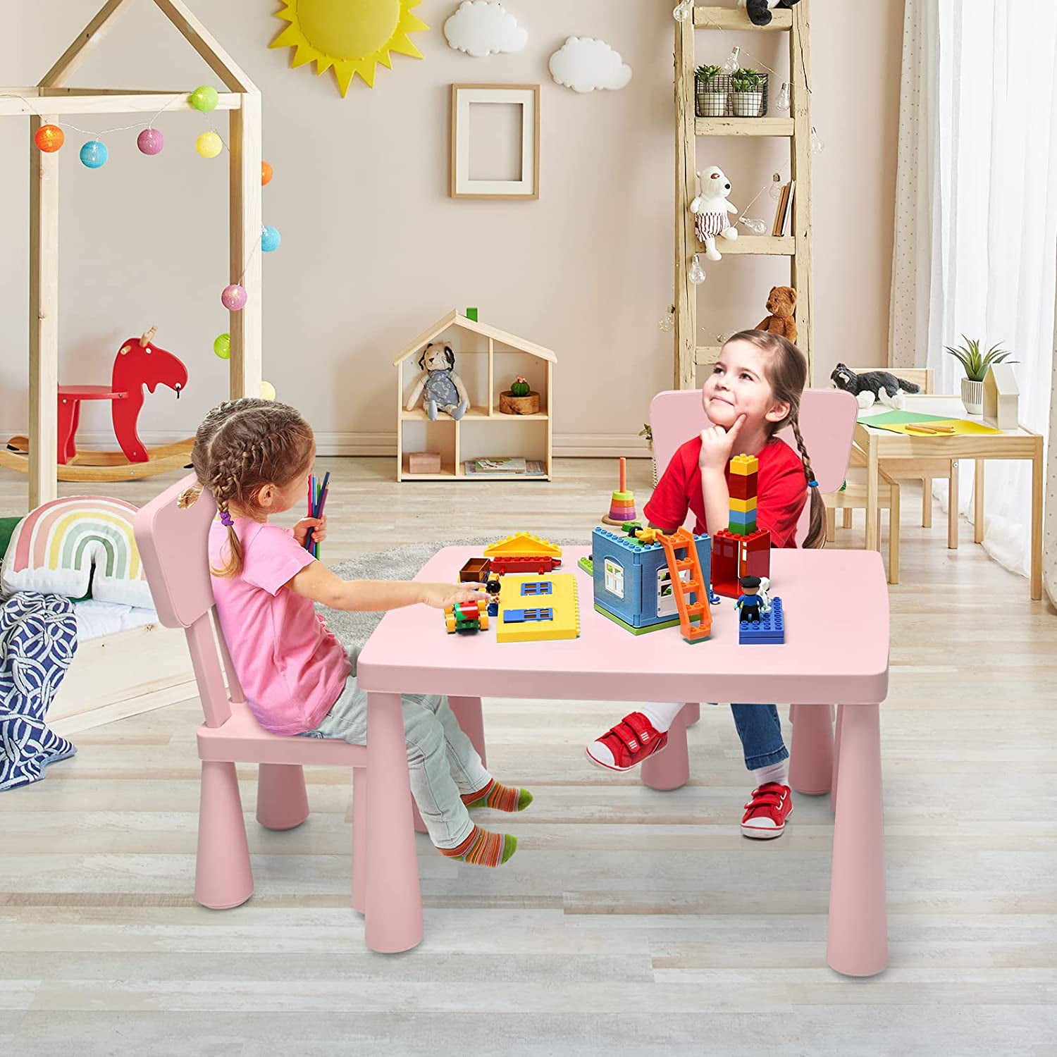 ZJTER Kids Table and Chair Set, Plastic Children Activity Table and 2 Chairs for Art Craft, Easy-Clean Tabletop, 3-Piece Toddler Furniture Set for Daycare Playroom, Gift for Boys Girls(Pink)