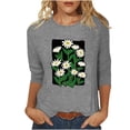 thumbnail image 3 of PXLKNZH T-Shirts à Manches 3/4 pour Femmes, Coupe Ample Décontractée, Col Rond, Imprimé Floral Mignon, Tunique Trois Quarts Gris,P, 3 of 5