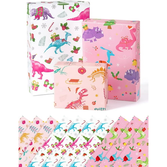 Dinosaur Gift Wrapping Paper Rolls - 10 Sheets, 20" x 27" Dino Kids Birthday Wrapping Paper Medium Roll Set Girl Pink Wrap Paper Happy Birthday Party Supply