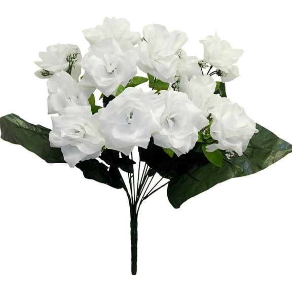 White Rose with Gypsophila 21in Artificial Polysilk Faux Fake Open Bloom Flower Bush for Craft Home Garden Outdoor Bouquet Arrangement Ceremony Wedding Arch Floral Wall Aisle Decor (White, Set of 3)