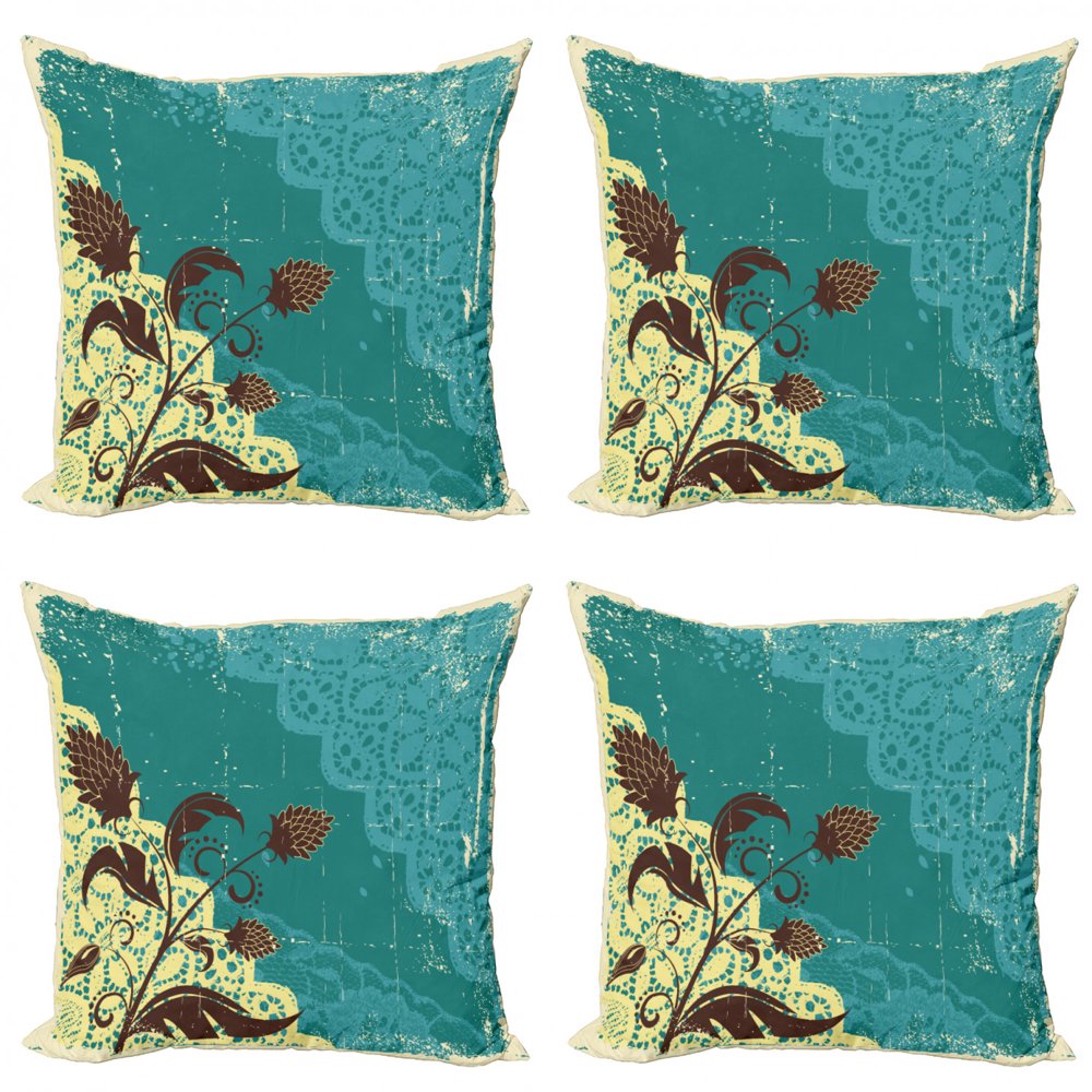 Vintage Throw Pillow Cushion Case Pack of 4, Flower Arrangement Lacework Old Aged Distressed
