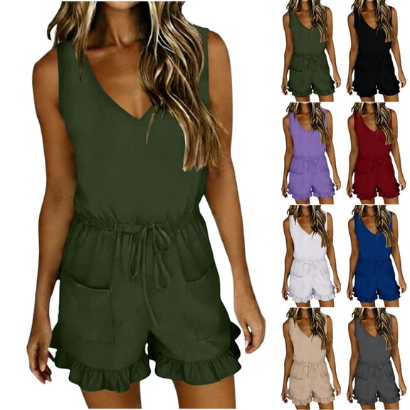 Womens Summer Jumpsuit V-Neck Short Sleeve Romper Playsuit Solid Color Trousers Pants One Piece Bodysuit Ladies Office Elegant Overall White XXL