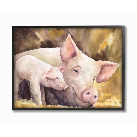 Stupell Industries Baby Pig Family Animal Watercolor Painting Framed Giclee Texturized Art by George Dyachenko