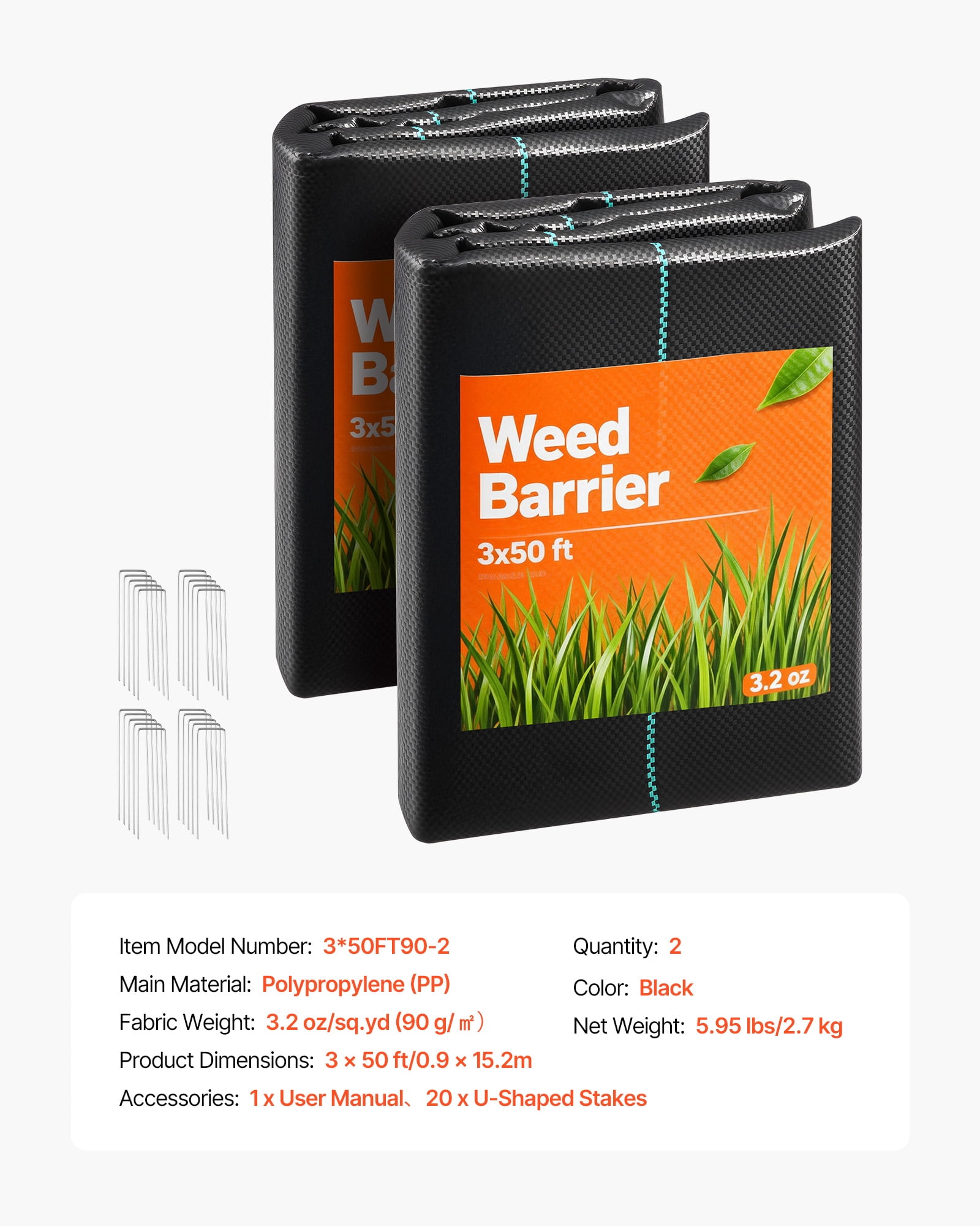 VEVOR Weed Barrier Fabric Heavy Duty, 2 Packs 3x50FT 3.2oz Weed Blocker Fabric, Woven Landscape Fabrics, Garden Fabrics Weeds Barrier, Weeds Control Ground Cover, Geotextile Webbing, Black