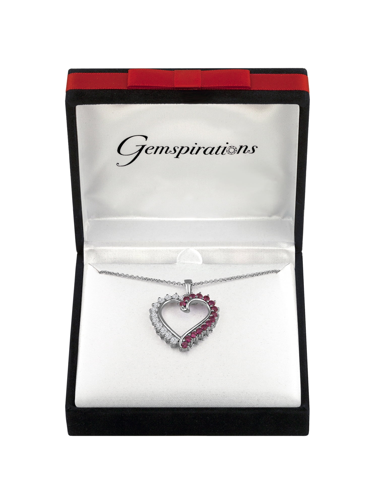 Sterling Silver-Plated Simulated Ruby with CZ Accents Heart Pendant, 18
