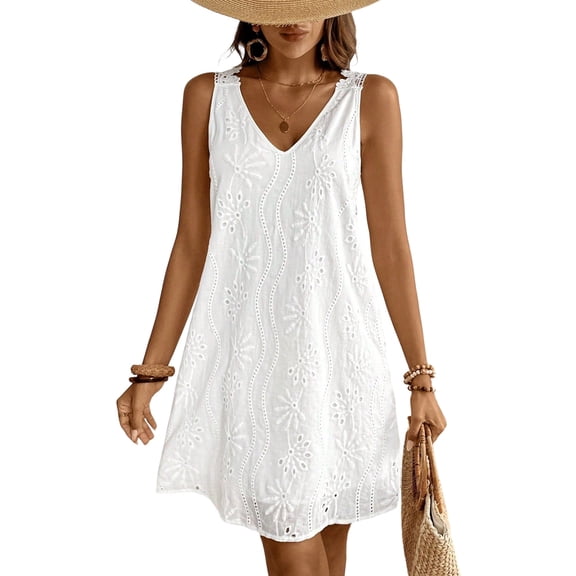 Jaimenalin Women'S V-Neck Summer Casual Beach Dress Vacation Sleeveless Sundress White S