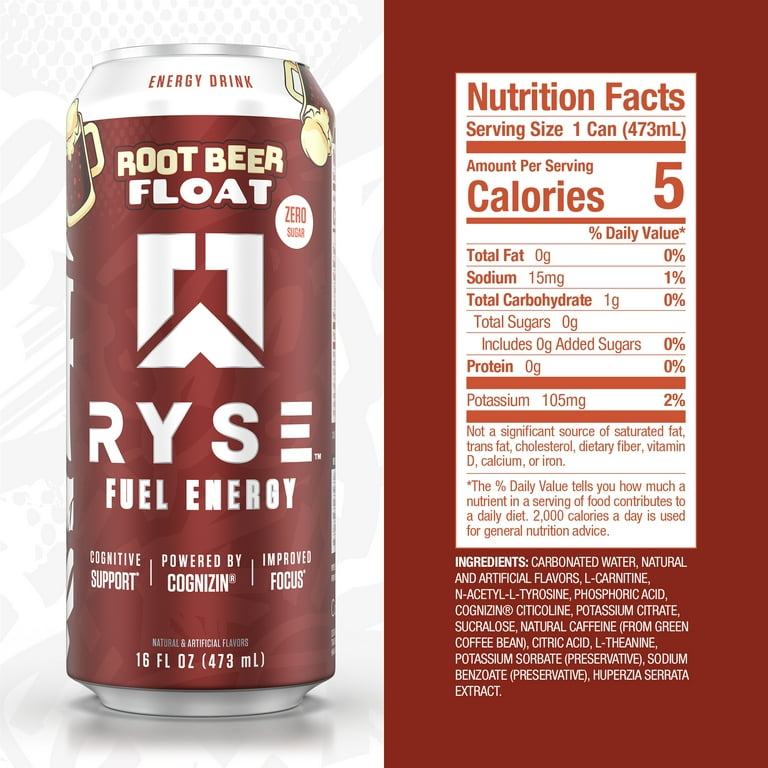 RYSE Fuel New Energy Drink - Root Beer Float - Sugar Free - 16 fl oz  (12-Pack)