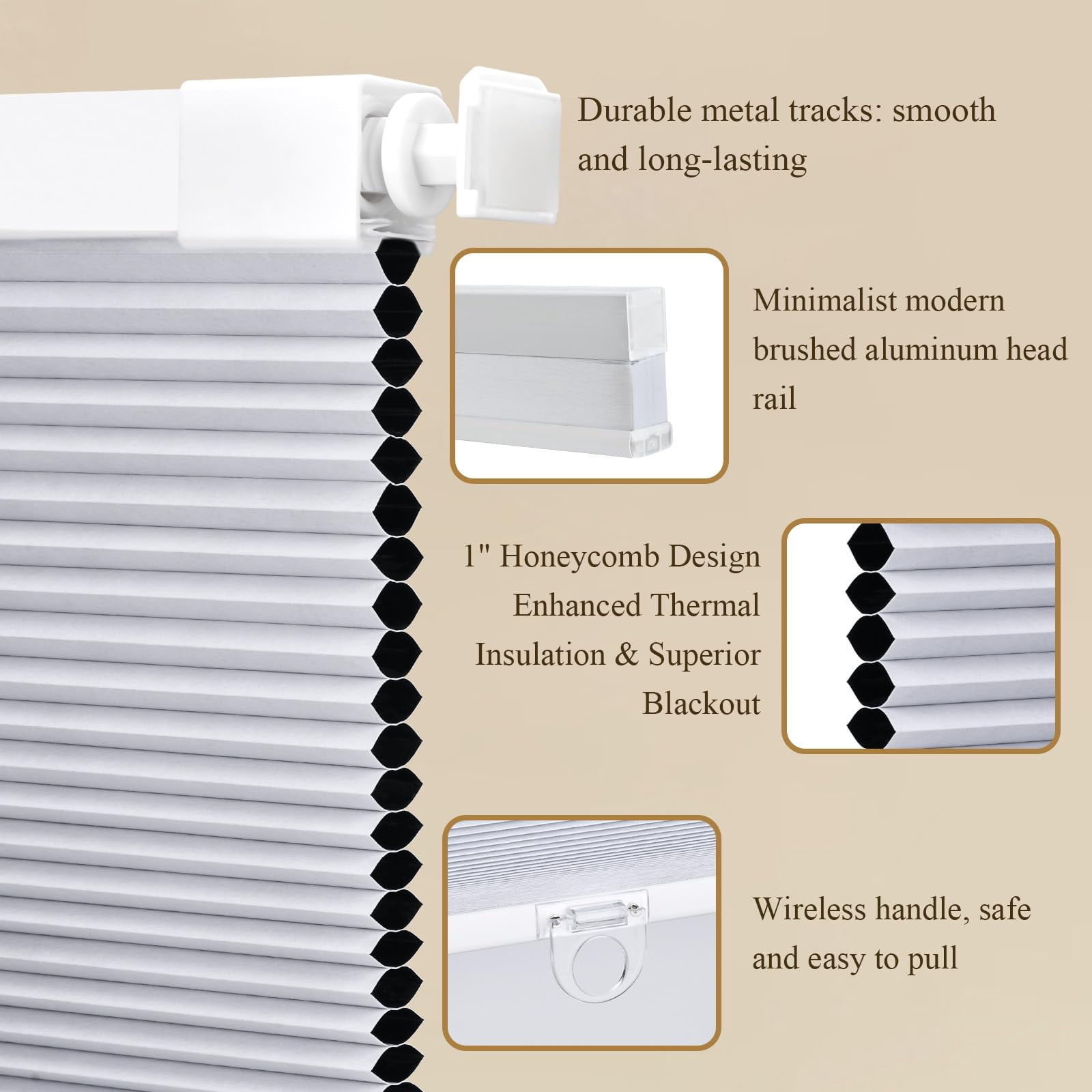 No Drill Cordless Cellular Shades  Blackout Honeycomb Blinds Thermal Insulated & Noise Reducing Window Coverings For Bedroom Kitchen Living Room.blackout-white 15" W*36" H