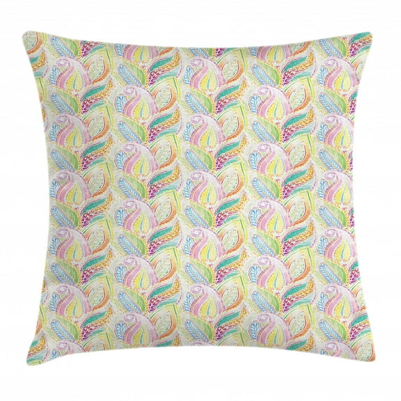 Hippie Throw Pillow Cushion Cover, Boho Soft Pastel Leaves in Ethnic Watercolor Stylized Flourishing Lace Artsy Pattern, Decorative Square Accent Pillow Case, 16 X 16 Inches, Multicolor, by Ambesonne