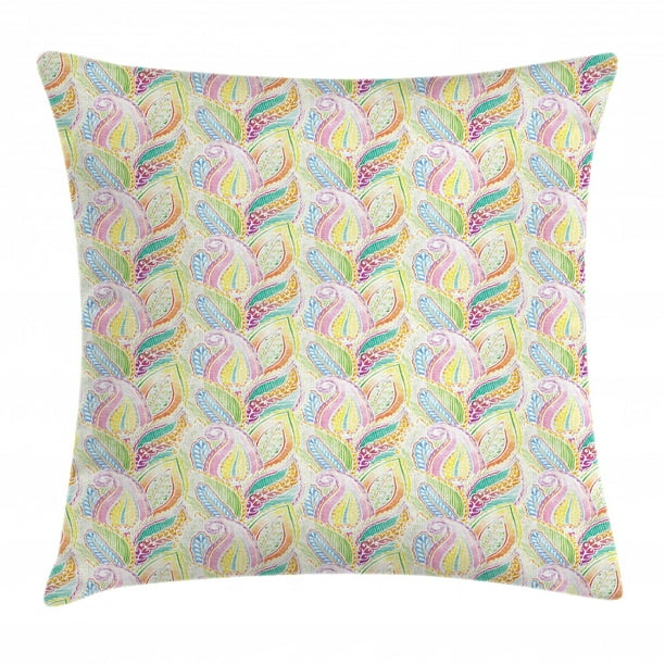 Hippie Throw Pillow Cushion Cover, Boho Soft Pastel Leaves in Ethnic