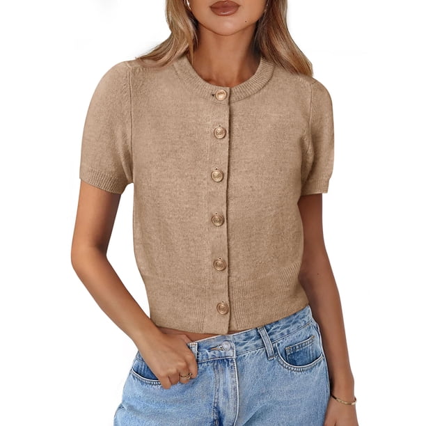 Suéter PRETTYGARDEN 2025 con botones, top corto color caqui, talla M