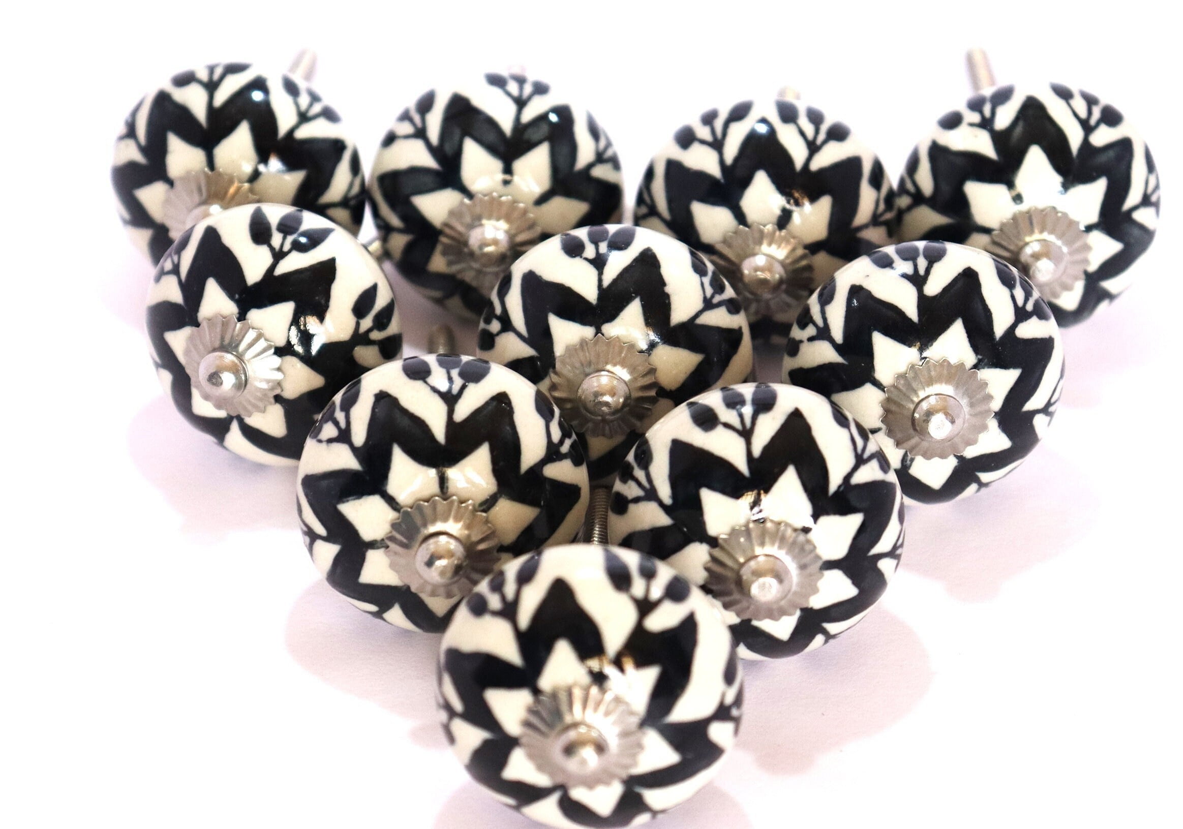 10 PC of Cabinet Ceramic Knobs | Classic Black Designs| Drawer Closet Dresser Wardrobe Furniture Door| Nuts & Bolts Included