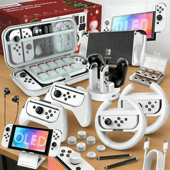 Switch OLED Accessories Bundle for Nintendo Switch OLED Upgraded 2023 HSTOP, 27 in 1 Accessories Gift for Christmas with OLED Protective Case, OLED Carrying Case, OLED Screen Protector & More, White